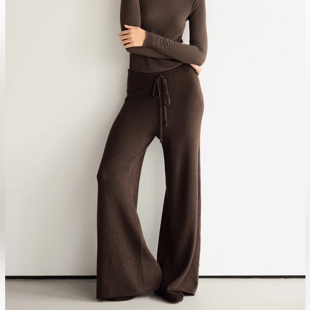 JAKI London Relaxed Pants Wide Leg Loose Knit Trousers Drawstring Espresso Brown